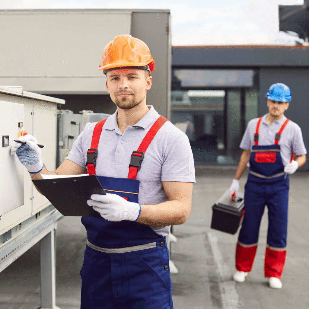 ENTERAC HVAC technicians inspecting and servicing air conditioning equipment in Mercedes, Texas.